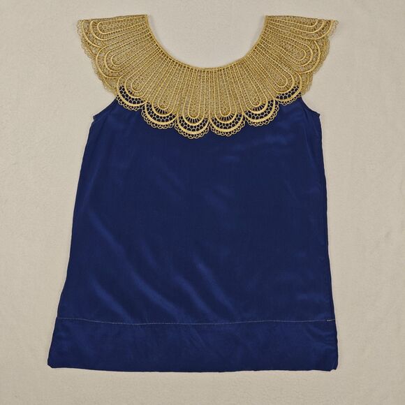 AKA New York Gold Lace Collar Blue Silk Blouse Size S Ornate Statement Regency - Picture 6 of 14